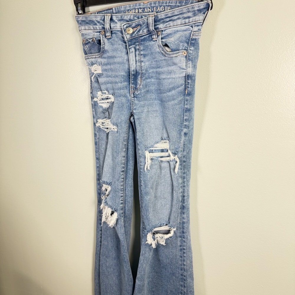 American Eagle Outfitters Medium Blue Distressed Flare Jeans - Picture 3 of 9